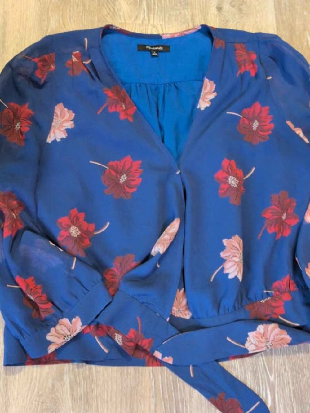 Floral V-Neck Tie-Waist Blouse - Blue with Red & Pink Flowers